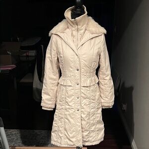 SEISEDA Cream Long Puffer Coat Fur-Trimmed Size XS